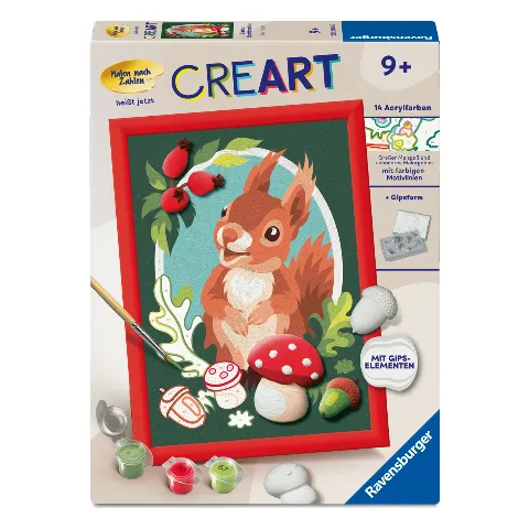 Malen-nach-Zahlen-Set von Ravensburger mit einem Eichhörnchen zwischen Fliegenpilzen
