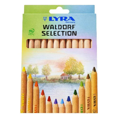 Schachtel mit zwölf dicken Lyra-Buntstiften der Waldorf Selection, aufgefächert
