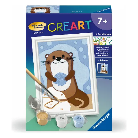 Malen-nach-Zahlen-Set von Ravensburger mit einem Otter, daneben Farbnäpfchen und Pinsel