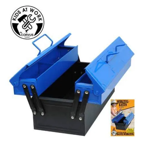 Blauer Werkzeugkasten aus Metall zum Aufklappen