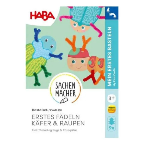 Bastelset von HABA mit gefädelten Käfern und Raupen aus Papier