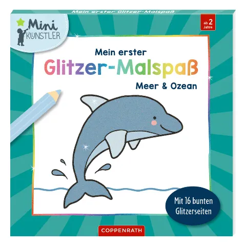 Malbuch mit Glitzerstift und einem Delfin auf dem Titel