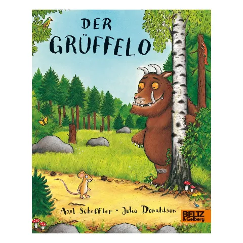 Bilderbuch „Der Grüffelo“ mit dem Grüffelo im Wald und der kleinen Maus