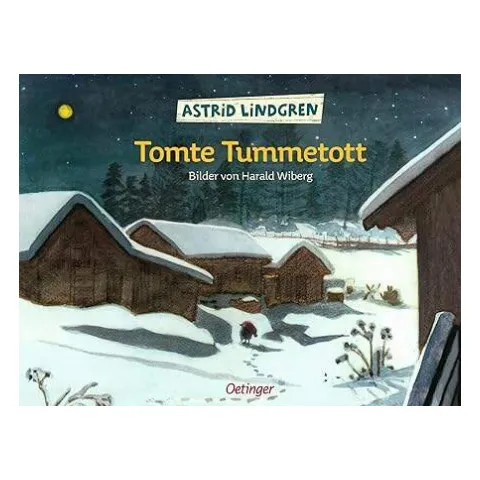 Bilderbuch „Tomte Tummetott“ von Astrid Lindgren mit einem verschneiten Hof bei Nacht