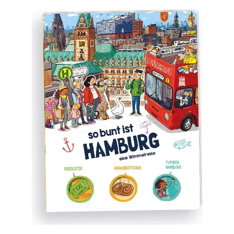 Wimmelbuch „So bunt ist Hamburg“ mit Rathaus, Elbphilharmonie und rotem Stadtrundfahrt-Bus