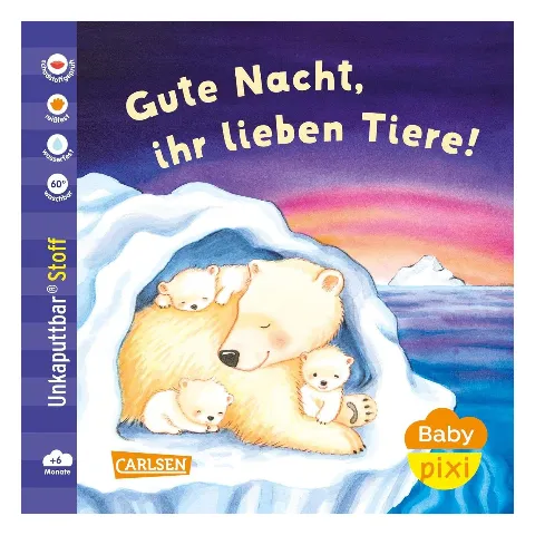 Weiches Stoffbuch „Gute Nacht, ihr lieben Tiere!“ aus der Reihe Baby Pixi mit Eisbären im Schnee