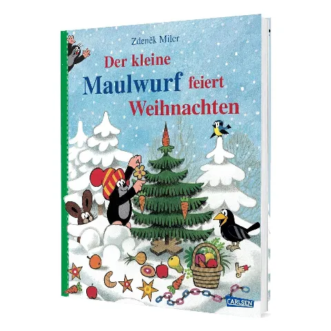 Bilderbuch „Der kleine Maulwurf feiert Weihnachten“ mit dem Maulwurf vor einem Tannenbaum