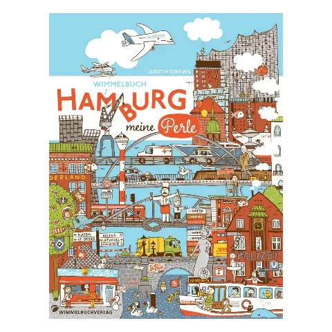 Wimmelbuch mit dem Titel „Hamburg – meine Perle“ und vielen Häusern, Schiffen und Menschen