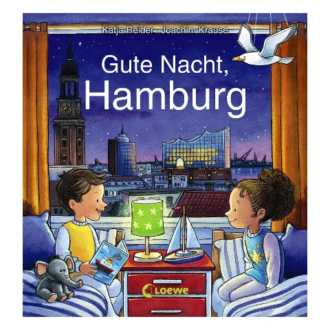 Bilderbuch „Gute Nacht, Hamburg“ mit zwei Kindern im Bett am Fenster, draußen Michel und Elbphilharmonie bei Nacht