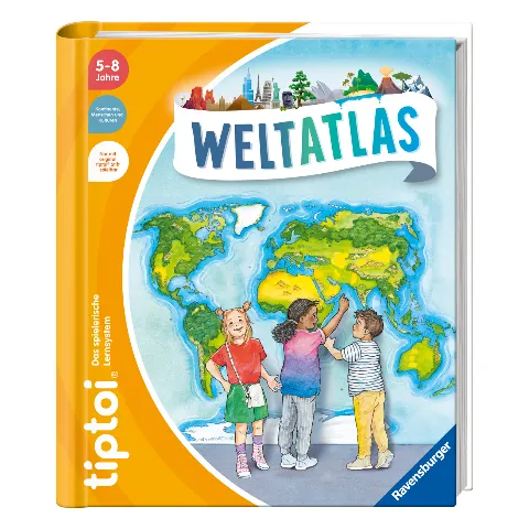tiptoi-Buch „Weltatlas“ mit Kindern vor einer bunten Weltkarte