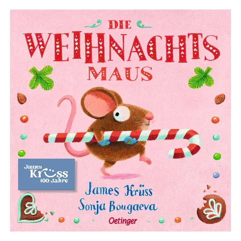 Rosa Bilderbuch „Die Weihnachtsmaus“ von James Krüss mit einer Maus und einer Zuckerstange