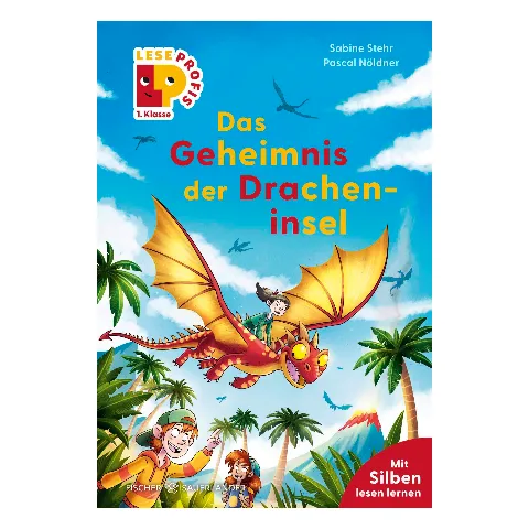 Erstlesebuch „Das Geheimnis der Dracheninsel“ in Silben mit einem roten Drachen