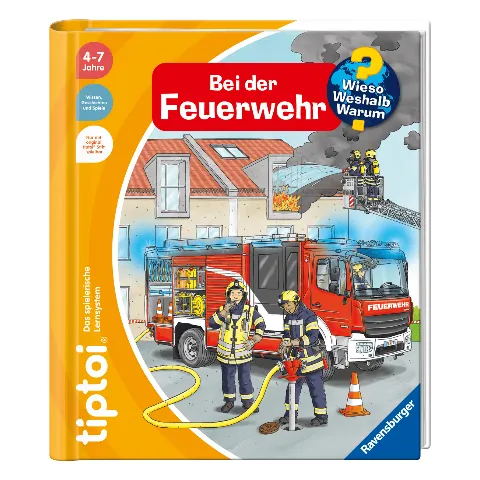 tiptoi-Buch „Wieso? Weshalb? Warum? Bei der Feuerwehr“ mit Feuerwehrauto und Feuerwehrleuten