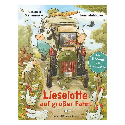 Bilderbuch „Lieselotte auf großer Fahrt“ mit der Kuh Lieselotte auf einem Traktor