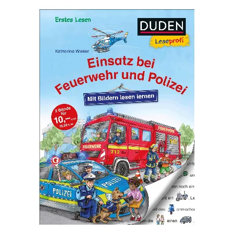 Erstlesebuch „Duden Leseprofi: Einsatz bei Feuerwehr und Polizei“ mit Feuerwehrauto