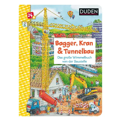 Wimmelbuch „Bagger, Kran & Tunnelbau“ von Duden mit Kränen und einer Baustelle