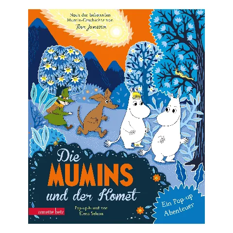 Buch „Die Mumins und der Komet“ mit den Mumins unter einem Sternenhimmel