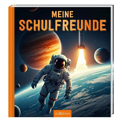 Freundebuch „Meine Schulfreunde“ mit einem Astronauten vor Planeten