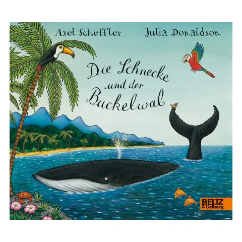 Bilderbuch „Die Schnecke und der Buckelwal“ mit einem Wal im Meer vor einer Insel