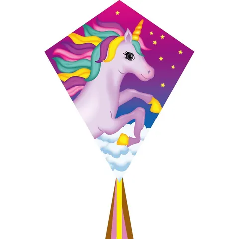 Rautenförmiger Kinderdrachen mit Einhorn auf violettem Himmel