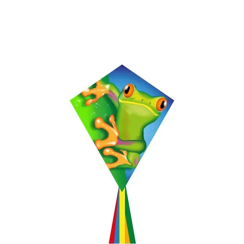 Rautenförmiger Kinderdrachen mit grünem Frosch und bunten Schwanzbändern