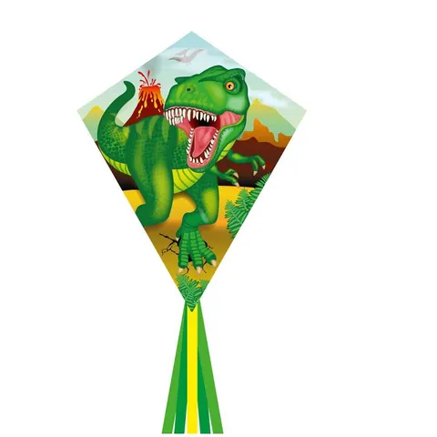 Rautenförmiger Kinderdrachen mit Tyrannosaurus vor einem Vulkan