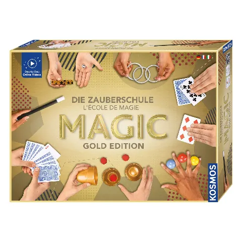 Goldene Packung „Die Zauberschule Magic Gold Edition“ von Kosmos mit Karten und Ringen