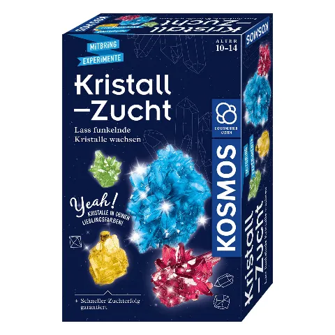 Dunkelblaue Packung „Kristall-Zucht“ von Kosmos mit bunten Kristallen