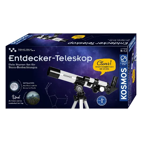 Packung „Entdecker-Teleskop“ von Kosmos mit Teleskop auf Stativ