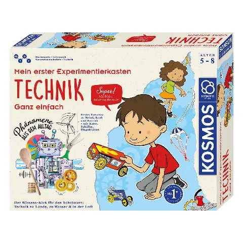 Packung „Mein erster Experimentierkasten Technik“ von Kosmos mit gezeichnetem Kind, Auto und Papierflieger