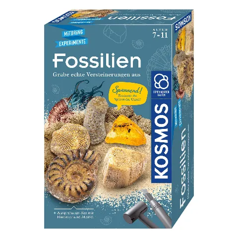 Packung „Fossilien“ von Kosmos mit Ammoniten und einem Hammer
