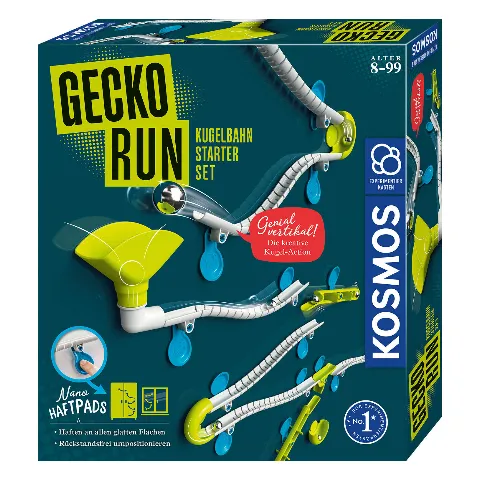 Packung „Gecko Run Starter-Set“ von Kosmos mit Kugelbahn an der Wand