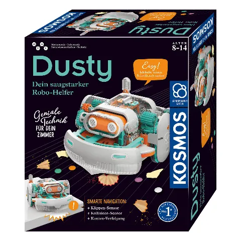 Packung „Dusty“ von Kosmos mit einem Saugroboter zum Selberbauen