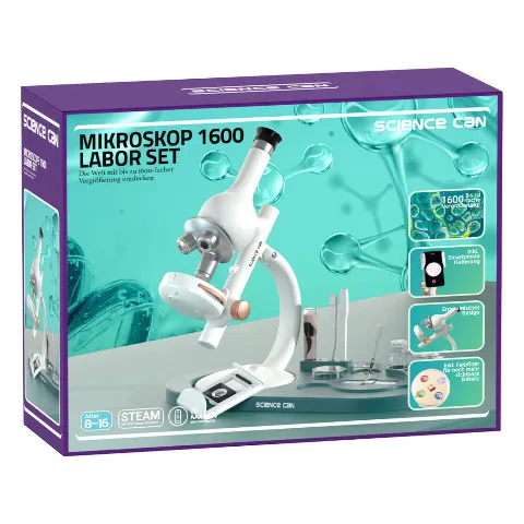 Packung „Mikroskop 1600 Labor Set“ mit weißem Mikroskop