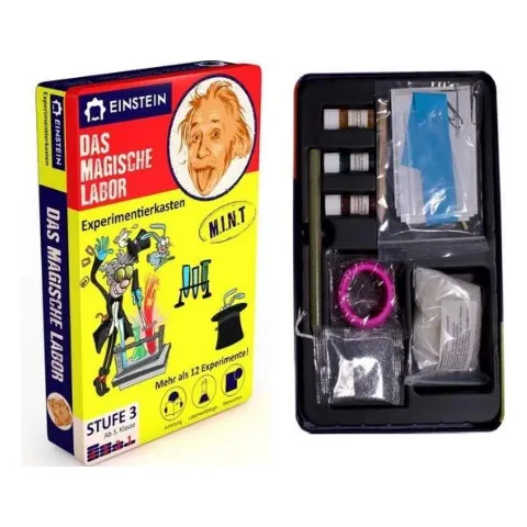 Gelbe Packung „Das magische Labor“ von Djeco mit Einstein-Zeichnung, daneben der Inhalt
