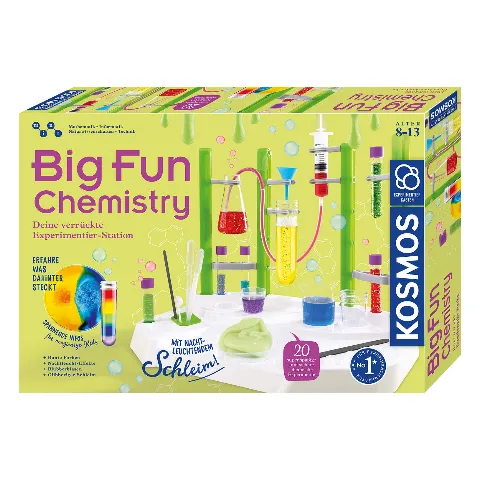 Packung „Big Fun Chemistry“ von Kosmos mit Laborstation, Reagenzgläsern und grünem Schleim