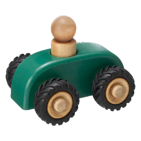 Grünes Holzauto mit einer runden Holzfigur am Steuer