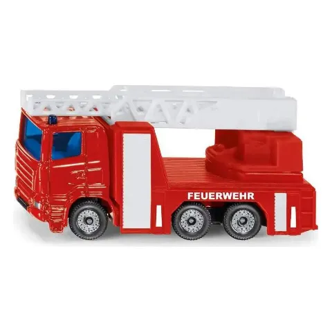 Rotes Feuerwehrauto mit weißer Drehleiter