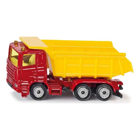 Lastwagen mit roter Kabine und gelber Kippmulde