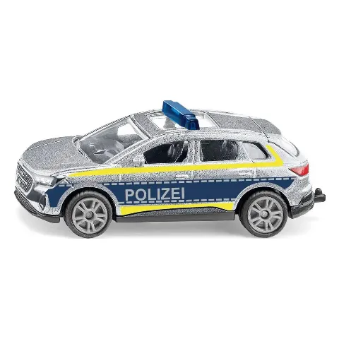 Silberner Polizeiwagen mit blau-gelben Streifen und Blaulicht