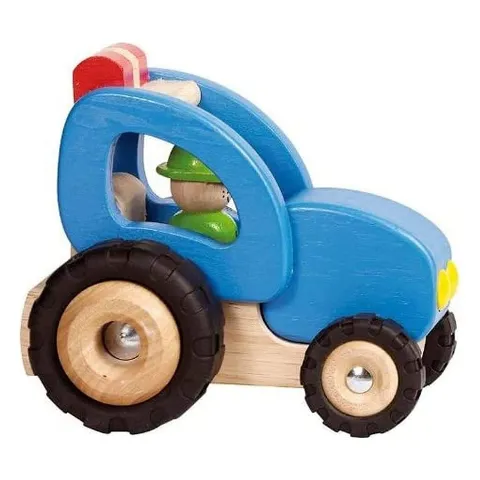 Blauer Holztraktor mit Fahrerfigur