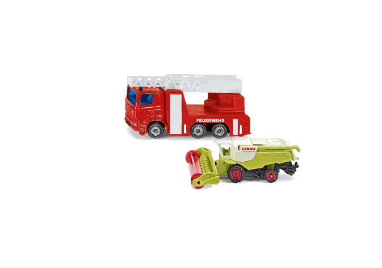Ein rotes Feuerwehrauto mit Drehleiter und ein grüner Mähdrescher von Claas als Siku-Modelle