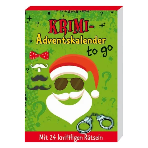 Grüner Rätselblock mit Weihnachtsmann mit Sonnenbrille und Handschellen