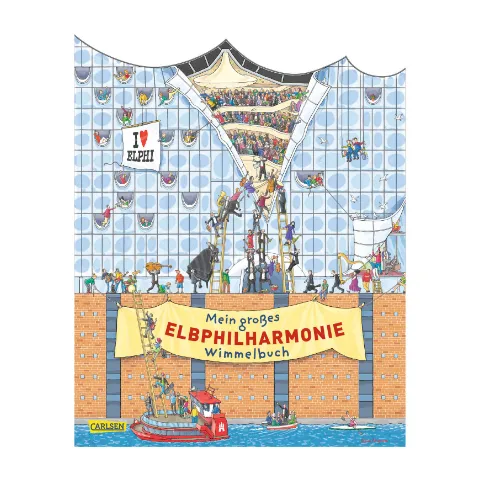 Wimmelbuch-Cover mit gezeichneter Elbphilharmonie voller kleiner Figuren