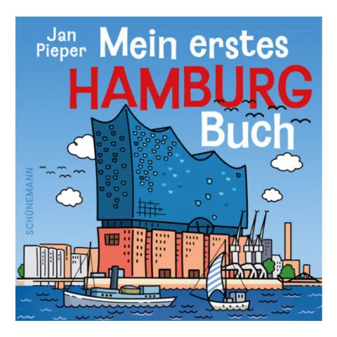Bilderbuch-Cover mit gezeichneter Elbphilharmonie und Hafen