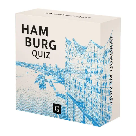 Weiße Quizschachtel mit blau gezeichneter Elbphilharmonie