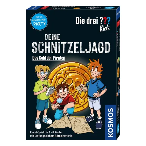 Spielschachtel mit den drei Detektiven und einer goldenen Piratenmünze
