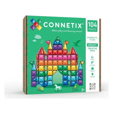 Schachtel Connetix Bright Creative Pack mit 104 Magnetbausteinen, darauf ein buntes Schloss