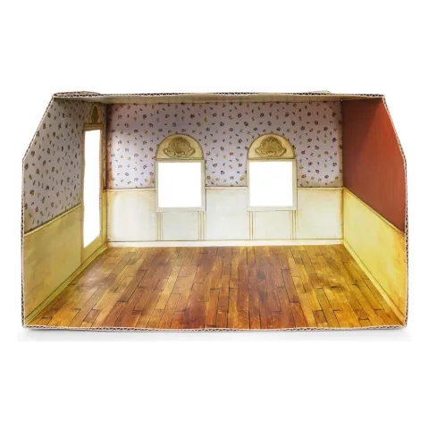 Leeres Mäusehaus-Zimmer mit Tapete und Holzboden