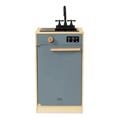 Kleiner Küchenschrank mit Spüle und Wasserhahn in Grau-Grün und Holz